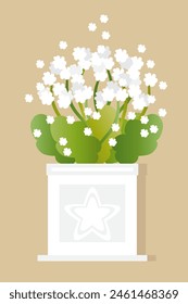 Stylized illustration of a white pot containing a small plant with white flowers