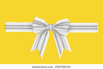 A stylized illustration of a white ribbon with a bow on a bright yellow background. The ribbon is dotted, giving it a unique texture and appearance.