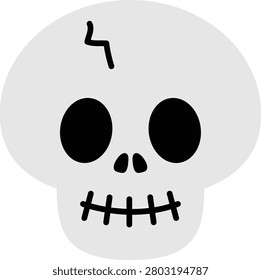 A stylized illustration of a white skull with large black circular eyes, a small nose, and a stitched mouth, featuring a distinctive black squiggle on its forehead, all on a plain white background