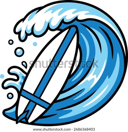 A stylized illustration of a white surfboard with blue stripes being carried by a large, cresting blue ocean wave.