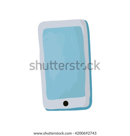 A stylized illustration of a white tablet computer in portrait orientation featuring a light blue screen and a black circular home button at the bottom.