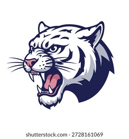 Una ilustración estilizada de la cabeza de un tigre blanco, representada con una boca abierta, dientes afilados y una expresión agresiva y rugiente.