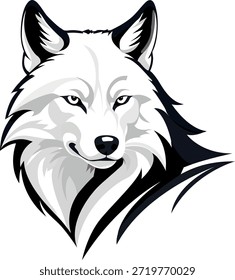 stylized illustration of a white wolf's head.