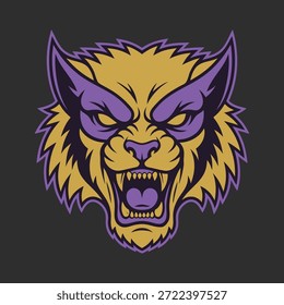 Ilustração estilizada de uma cabeça de onças, com dentes afiados e olhos intensos, em amarelo e roxo.