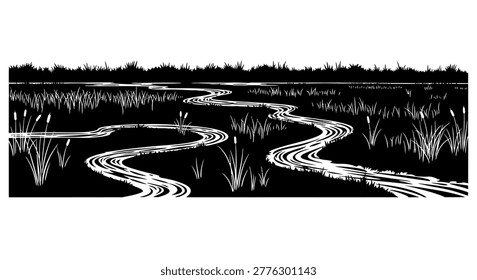 stylized illustration of a winding river through a dark marshy landscape with grasses and reeds