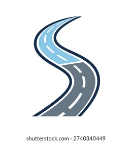 A stylized illustration of a winding road with blue highway markings