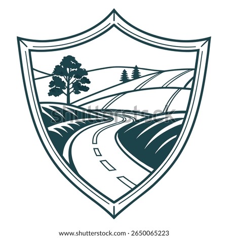 A stylized illustration of a winding road through rolling hills, framed within a shield emblem.