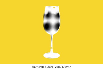 A stylized illustration of a wine glass filled with dark liquid, set against a bright yellow background. The glass is outlined with dotted patterns, giving it a modern and artistic look.