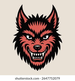 A stylized illustration of a wolf head. It features a red and black color scheme, sharp teeth, and an angry expression. Vector graphic design.