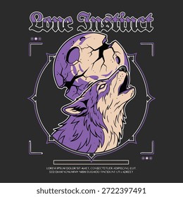 A stylized illustration of a wolf howling at a broken moon, set within a circular frame with decorative elements.