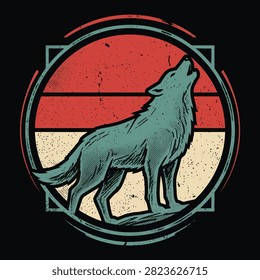 A stylized illustration of a wolf howling at the moon