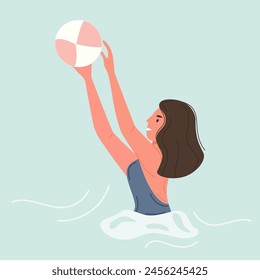 Ilustración estilizada de una mujer en un traje de baño azul que se extiende para alcanzar una pelota de voleibol, contra el agua azul pálido con ondulaciones suaves.