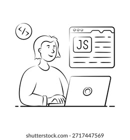 A stylized illustration of a woman happily coding JavaScript on a laptop.