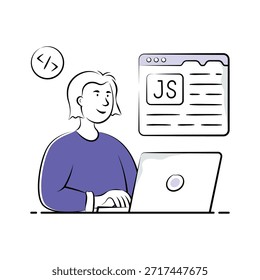 A stylized illustration of a woman happily coding JavaScript on a laptop.