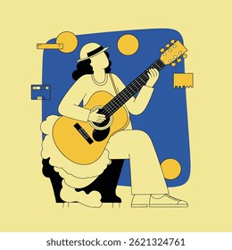 Ilustração estilizada de uma mulher com um chapéu tocando um violão amarelo contra um fundo geométrico azul e amarelo.
