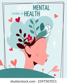 Stylized illustration of woman s head with plants growing from it, symbolizing mental health awareness. Light blue background with heart shapes. Concept of emotional well-being. Vector illustration