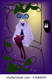 Stylized illustration of woman sitting on tree branch.