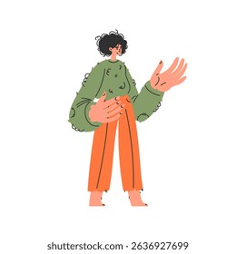 A stylized illustration of a woman standing with her hands outstretched in a welcoming gesture. She is wearing a green sweater and orange pants in a playful, artistic style.