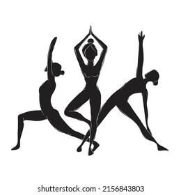 stylized illustration of women practicing yoga. yoga poses vector. yoga symbol for logos, posters, events, fitness, exercises, healthy lifestyle, balanced mind. silhouette of women exercising