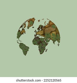 A stylized illustration of the world map shaped like a globe, with continents depicted in earthy tones and covered with green trees, symbolizing nature, forests, and environmental conservation. sustainable planet. World environment and earth day concept.