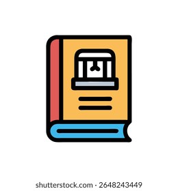 Stylized illustration of a yellow book with blue accents against a stark White Background. Flat vector style with distinct outlines.