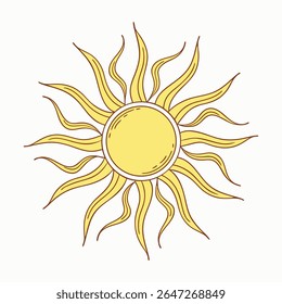 A stylized illustration of a yellow sun with wavy, pointed rays outlined in brown against a white background.