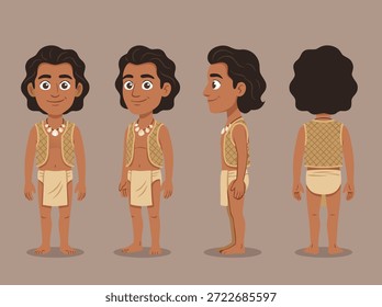 Una ilustración estilizada de un niño con cabello rizado oscuro, con un collar y un taparrabos, mostrada desde múltiples ángulos.