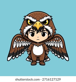 A stylized illustration of a young boy in a hawk costume, featuring large wings and a bird-like hood.