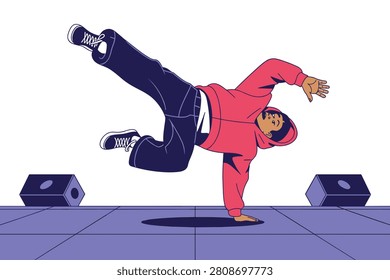 A stylized illustration of a young man breakdancing on a stage, performing a one-handed freeze move, wearing a red hoodie and dark pants, isolated on white background