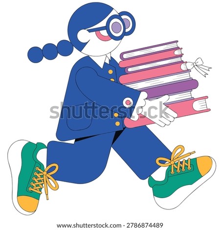 A stylized illustration of a young person in a blue suit and glasses, carrying a pile of books while running.