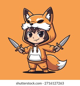 A stylized illustration of a young warrior dressed in a fox costume, holding two daggers.