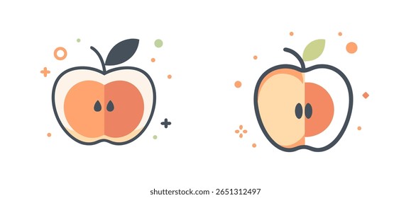  stilisierte Illustrationen von Äpfeln mit Kern und Samen 