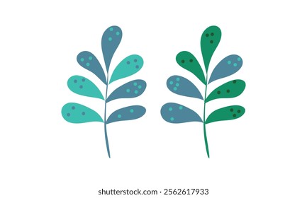 Stylized illustrations of blue-green abstract leaves with dotted details, displayed on a white background for modern, nature-inspired designs.