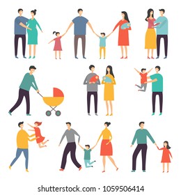 Stylized illustrations of happy family. Adults and kids. Vector family together father and mother