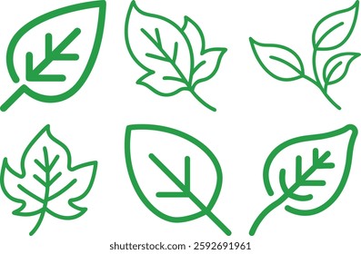 Stylized Illustrations of Leaves with Green Outlines and Fills