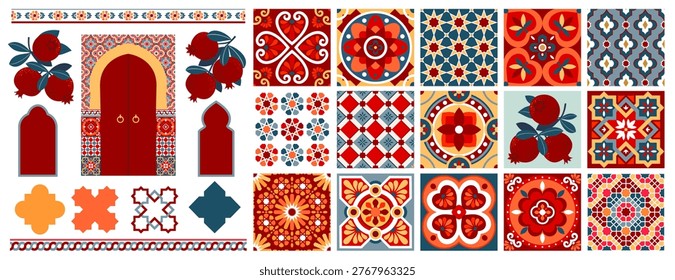 Stylized illustrations of Mediterranean tiles set. A collage of ethnic Moroccan tiles in the Zellige style, graphic elements, a traditional arched door and pomegranate fruits on a branch. A collection of bright ceramic tiles and borders in rich colors - turquoise, wine, garnet. Colorful ethnic Mediterranean-style tiles with floral and geometric patterns on a white background, as well as decorative borders and arches.
Suitable for fabric, wallpaper, prints, backgrounds and more.
