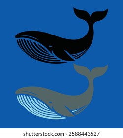 Stylized illustrations of two whales set against a blue background. The top whale is depicted in black with simple, bold lines emphasizing the mouth grooves and fin details. 