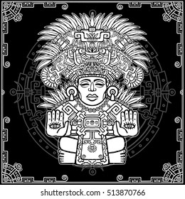 Stylized image of an ancient Indian deity. Motives of art Native American Indian.  Vector illustration: white drawing on a black background, a decorative frame, a mandala. Print, posters, t-shirt.