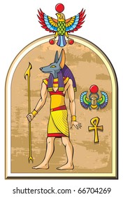 Stylized image of Anubis, the god of ancient Egypt, old papyrus background, symbols of falcon,  scarab and ankh, vector illustration