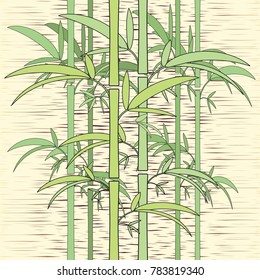 Stylized image with bamboo trees in green color on a beige background