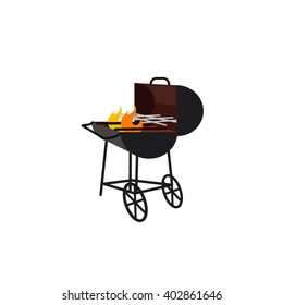Stylized image of a barbecue gland with flame on wheels for outdoor recreation and cooking meat.