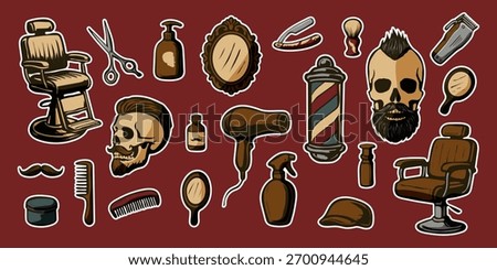A stylized image of a barbershop with various items such as scissors, combs, and bottles