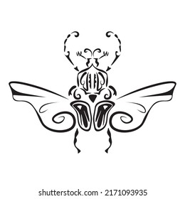 A stylized image of a beetle spreading its wings, drawn with black lines on a white background. Decorative element in the form of a beetle