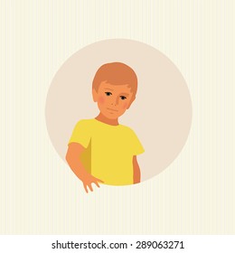 The stylized image of the blond boy in a t-shirt. The rounded frame.