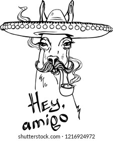 The stylized image of brutal lama with mustache, sombrero and tobacco pipe. Hand drawn vector illustration