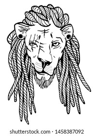 The stylized image of brutal leo with dreadlocks. Hand drawn vector illustration
