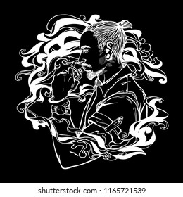 The stylized image of brutal man with device for vaping in hands. Human in the smoke clouds