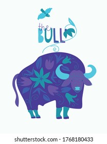 Stylized image of a bull, ornamented with a floral pattern. Symbol of the year 2021 according to the Chinese calendar