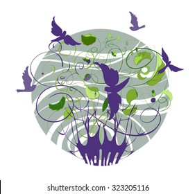 the stylized image of Bush and flying birds