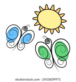 Stylized image of butterflies and sun. Set of 3 design elements for cards and other various uses